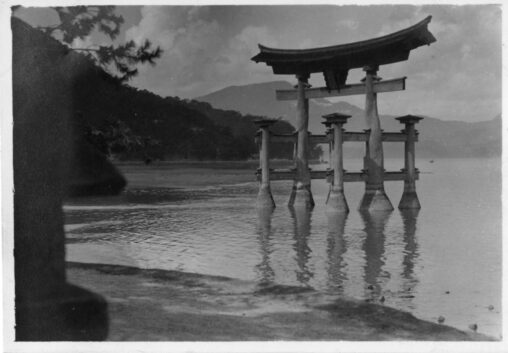 A black-and-white photograph of the gate (torii) at the Itsukushima Shrine in Hatsukaichi, Japan which looks like it.